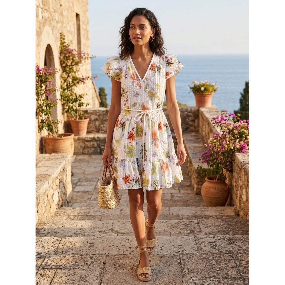 Tanya Taylor Swim Floral Cotton Mini Dress Flutter Sleeve V-Neck White XS